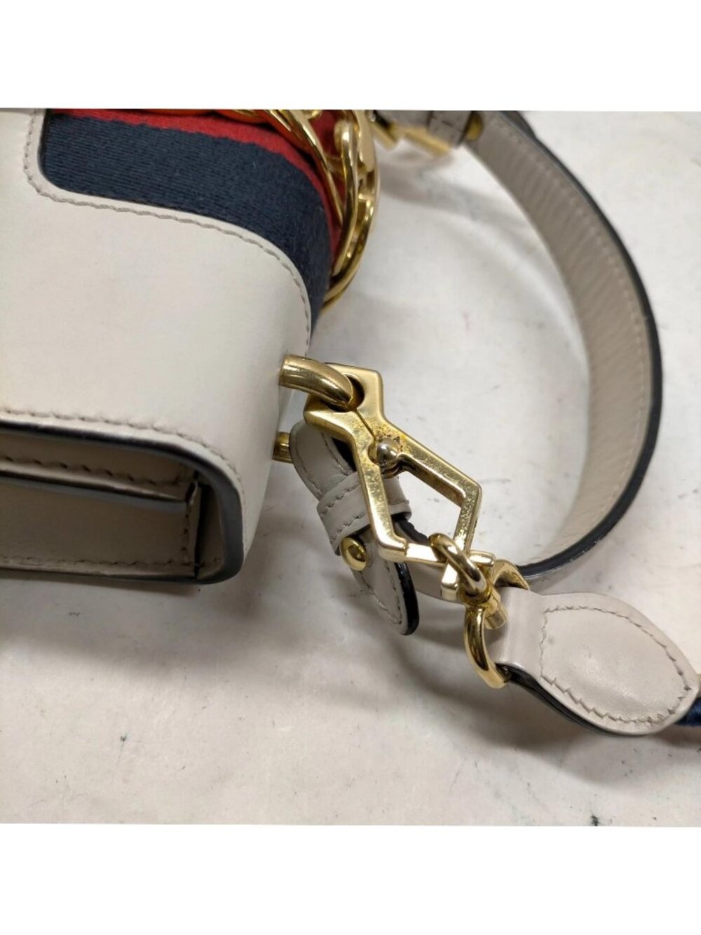 Authentic Gucci Sylvie Mini Top Handle White Leather Web Stripe Chain Crossbody - Picture 9 of 16